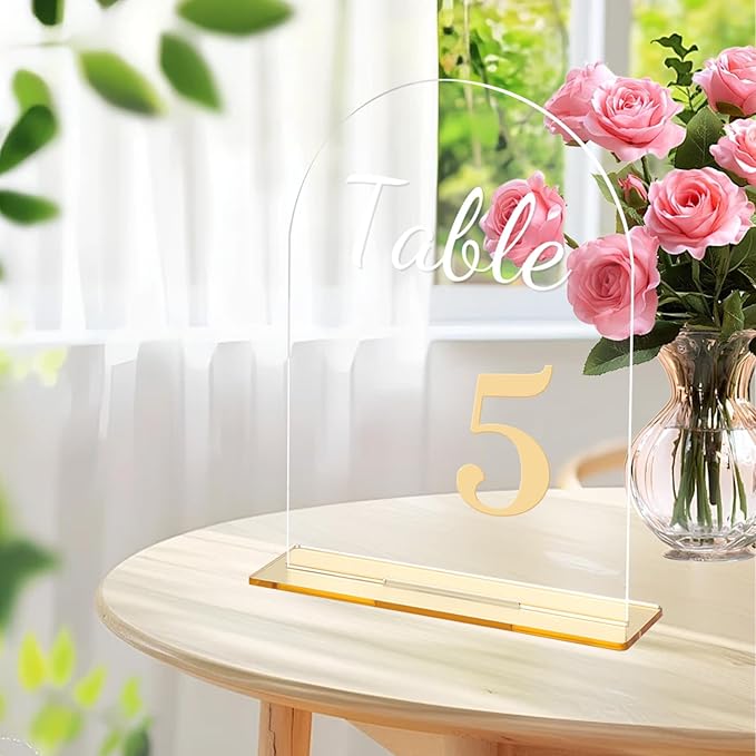 Wedding Table Numbers 1-20 with Stands 3D Gold Number 5.5” x 7” Arch Transparent Acrylic Signs with Holder Clear Acrylic Table Numbers for Wedding Reception Anniversary Party Events