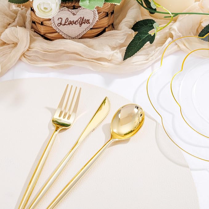 ejonirinjonir EI 180pcs Clear and Gold Plastic Plates with Plastic Silverware,Dinnerware Plate Set for Party,Disposable Plates Heavy Duty Clear Gold Cups for Wedding,Birthday,Spring Afternoon Tea