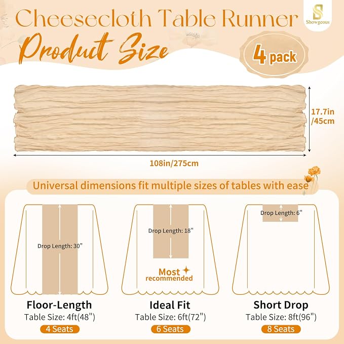 4 Pack Nude Cheesecloth Table Runner 17 x 108 inch Boho Gauze Table Runner Rustic Sheer Cheese Cloth Table Decorations for Wedding Party Baby Bridal Shower Birthday Holiday Home