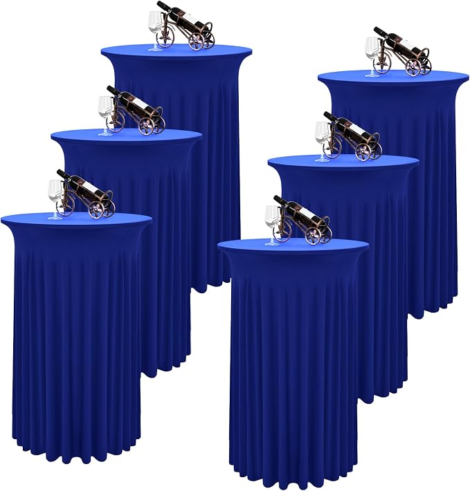 6 Packs Round Cocktail Table Skirt 32"x 43" Spandex Stretch Cocktail Tablecloth with Wavy Drapes, Royal Blue Spandex Fitted High Top Table Covers for Wedding Bar Party Birthday Banquet Tables
