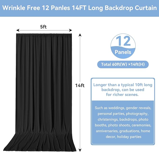 60ftx14ft Black Backdrop Curtains for Wedding-Wrinkle Free Backdrops Curtain Drapes Fabric Decorations Photo Back Drop Cloth for Baby Shower Photography Stage Reception 12Panels 14ft(H) x 5ft(W)
