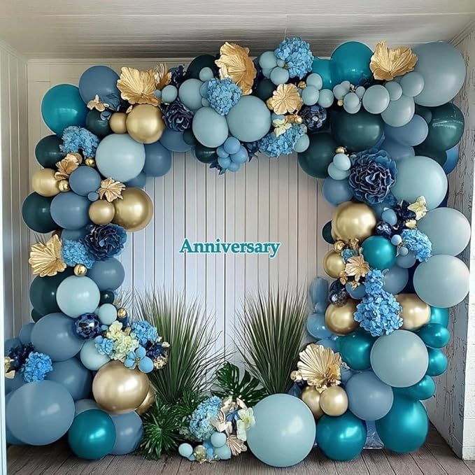 Teal Blue Gold Balloons Double Stuffed Latex Dusty Blue Turquoise Balloon Different Sizes Teal Gold Balloon Garland for Birthday Wedding New Year Anniversary Baby Shower Ocean Party Decor