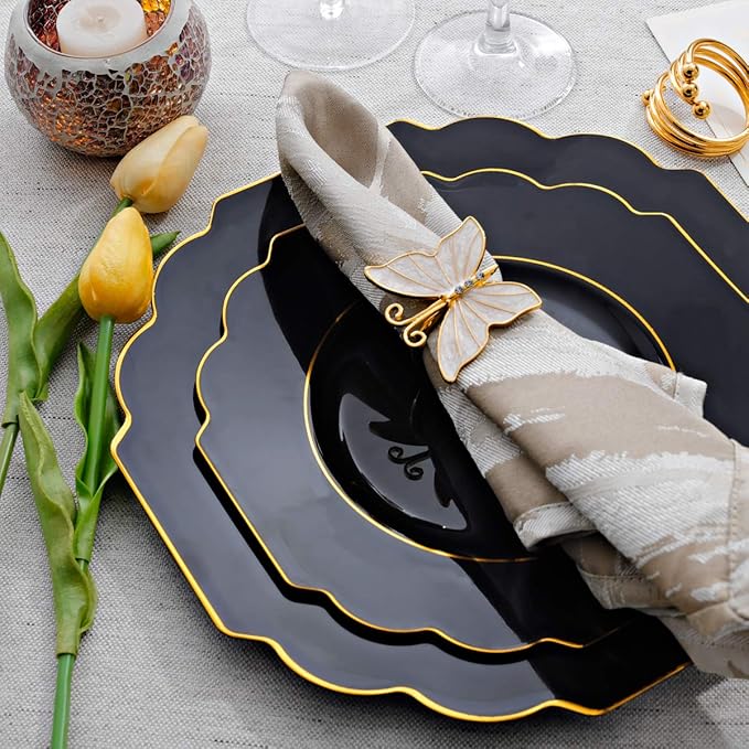 Supernal 60pcs Black Plastic Plates with Gold Rim, Baroque Black and Gold Plastic Plates, Include 30 Dinner Plate, 30 Appetizer Plate, Suit for Party, Birthday, Wedding, Halloween