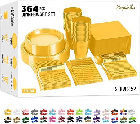 350 Pcs Yellow Plastic Plates For Party, Yellow Disposable Plates Set, 50 Of Each 9" Dinner Plate Set, 7" Dessert Plate, Cups, Napkins & Cutlery Plastic Dinnerware Set Exquisite