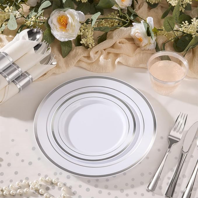 Goodluck 352 Piece Silver Plastic Dinnerware Set for 50 Guests, Disposable Plates for Party Include: 50 Dinner Plates 50 Dessert Plates, 50 Pre Rolled Napkins with Silverware, 50 Cups, 2 Tablecloth