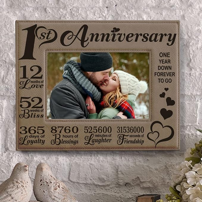 KATE POSH - Our First Anniversary Engraved Leather Picture Frame - Couple Gifts, Him & Her, Paper & First Wedding Anniversary Photo Gifts (5x7-Horizontal)