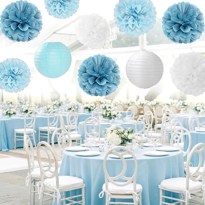 Dusty-Blue White Party-Decorations Paper-Flowers Lanterns - 15pcs Birthday Baby Bridal Shower Tissue Pom Poms Streamers Honeycomb, Boy Men Wedding Bachelorette Hanging Supplies Decor Hugfond