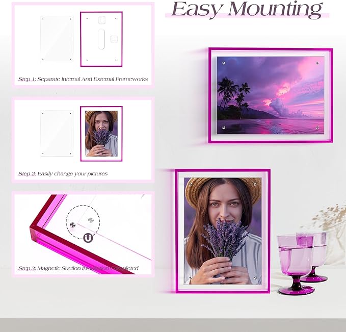TWING 5x7 Picture Frame, Acrylic Photo Frame Self Standing Magnetic Color Floating Picture Frame Use as 5x7, 5x5, 4x6 - Horizontal and Vertical Formats for Wall and Tabletop Display, Purple, 1 Pack