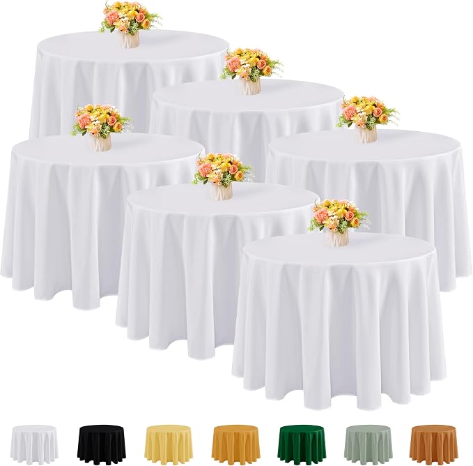 Fitable 6 Pack White Round Tablecloths - 120 Inches Round - Wrinkle and Stain Resistant Fabric Table Clothes, Washable Polyester Table Covers for Wedding, Party, Banquet, Formal Events