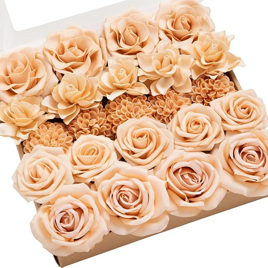 Ling's moment Artificial Flowers Fake Silk Roses Faux Dahlia Foam Gardenia Combo for DIY Wedding Bouquets Centerpieces Arrangements Bridal Shower Party Home Decorations, Apricot & Peach, 24pcs