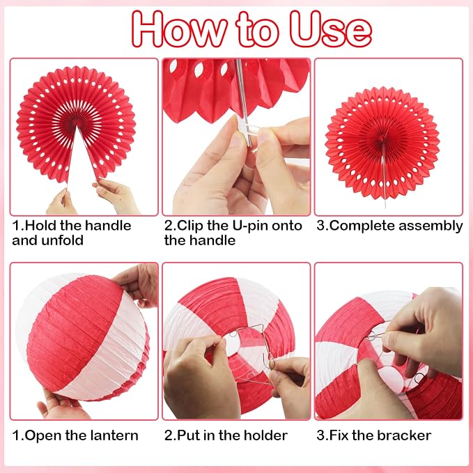 16 Pcs Picnic Party Decorations Kit, Hanging Red and White Checkered Paper Lanterns Paper Fans for Summer Barbecue Birthdays Holidays Picnic Party Supplies