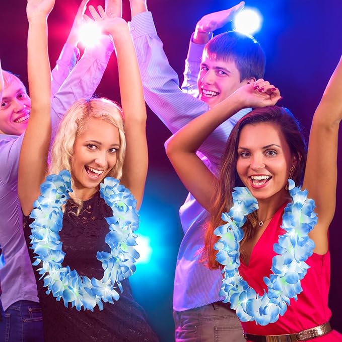 Sherr 48 Pcs LED Hawaiian Leis Light up Flower Leis Necklace with LED Lights Luau Flowers Necklaces for Masquerade Beach Wedding Tropical Themed Party Supplies(Blue)