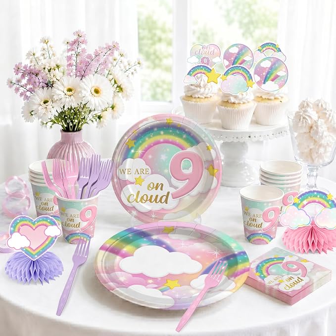 Xynic 200Pcs On Cloud 9 Birthday Decorations for Girls, All-in-One Party Supplies Includes Banner, Cake Toppers, Foil Balloons, Plates and Napkins, Easy Setup On Cloud Nine Party Decor, Serves 25