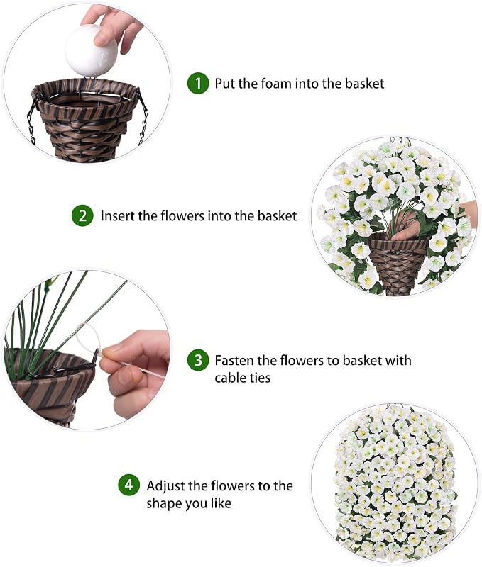 Artificial Fake Flowers Plants Hanging Baskets for Outdoor Outside Decor, Faux Silk Hanging White Morning Glory Trailing Vines UV Resistant for Porch Patio Home Decoration