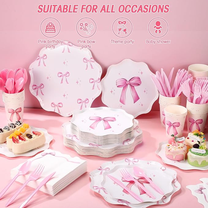 Ziliny 350 Pcs Bow Pink Party Supplies Tableware Set Disposable 9'' 7'' Paper Plates 9 oz Cups Cutlery Napkins Dinnerware Set for 1st Birthday, Serve 50 (Bow, Pink)