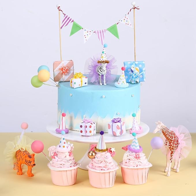 Weysat 22 Pcs Animal Birthday Party Decorations Animal Cake Cupcake Toppers with Mini Hat Gift Box Cake Flag Skirt Lollipop for Jungle Safari Dollhouse Themed Birthday Party Favor Supplies, No Animals