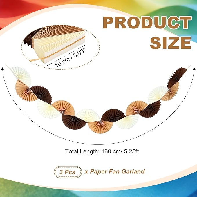 uxcell 3 Pcs Paper Fan Garland, 5.25ft Paper Garland Hanging Decorations Set Party Hanging Decorations Fans for Birthday Parties Holiday Ornaments Family Gatherings Weddings, Brown