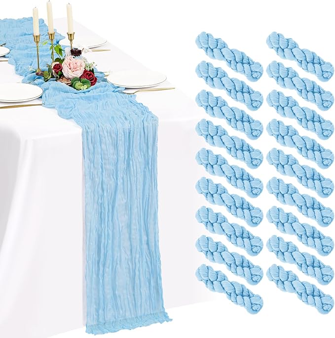 18 Pack Cheesecloth Table Runner 10FT Baby Blue Table Runner Light Blue Boho Gauze Cheese Cloth Table Runners Long Rustic Sheer Table Decorations for Wedding Party Baby Bridal Shower Birthday Holiday