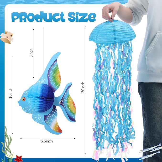 Ceenna 18 Pcs Under the Sea Decorations Kit with 6 Hanging Jellyfish and 12 Tropical Fish, for Mermaid Birthday Party, Ocean Shower, Nautical Wedding, and Beach Classroom Decor(3 Types of Fish)