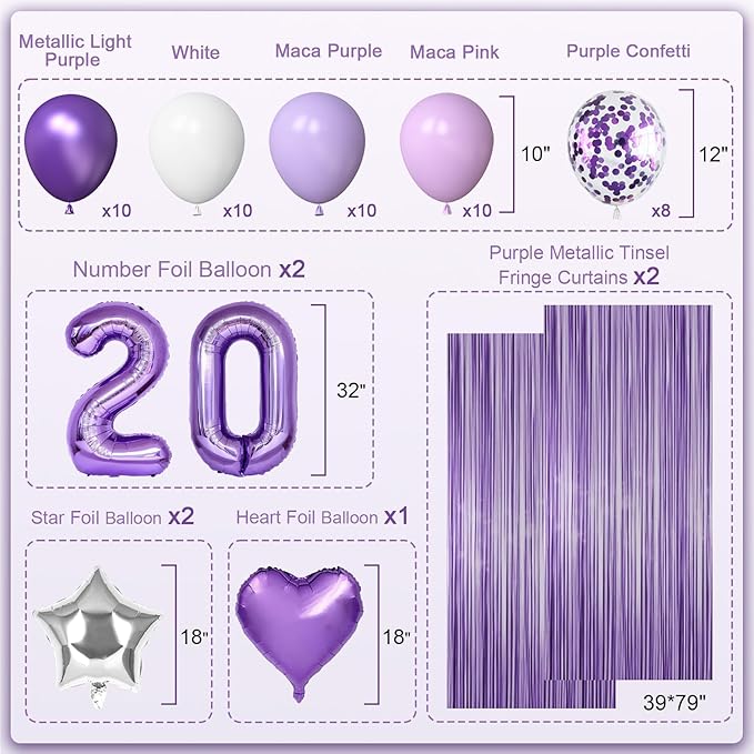 20th Purple Birthday Decorations for Women, NANINUNENO Purple Pink 20th Birthday Decorations Butterfly Theme Lavender Party Decor Set with Number Balloons, Banner, Sash, Butterfly Stickers