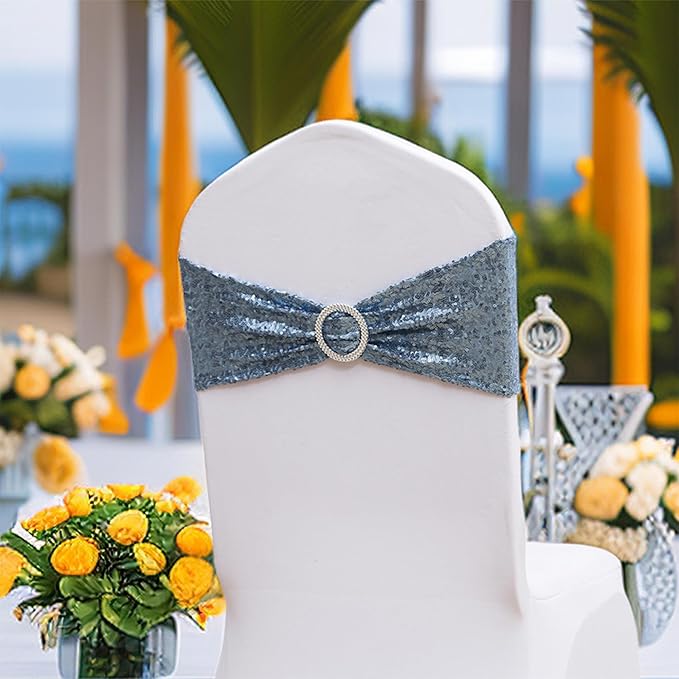 50 Pack Sequin Dusty Blue Chair Sashes for Wedding Chairs Bands Bows for Party Birthdya Banquets Birthday Anniversary Outdoor Events Decorations
