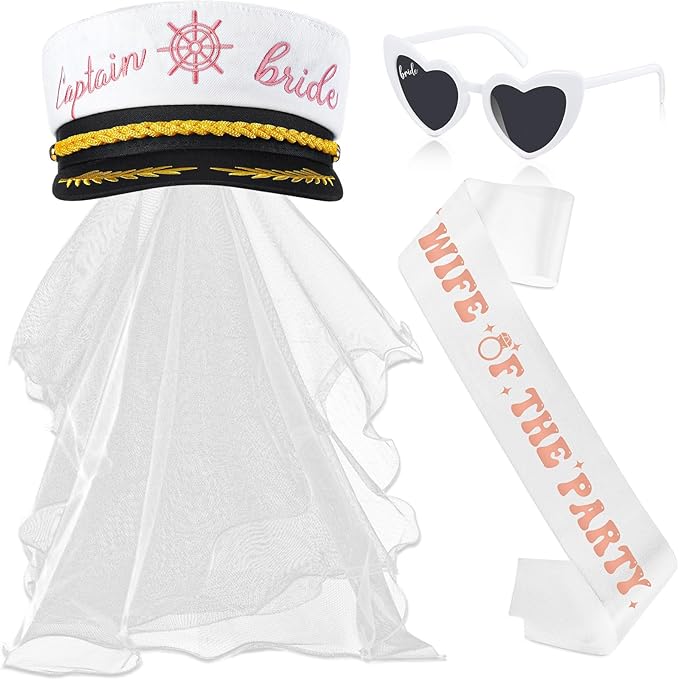 JaGely Bride Captain Hat with Veil, Bachelorette Sash & Sunglasses for Bridal Shower Bachelorette Party Decor Accessories(Wife of the Party)