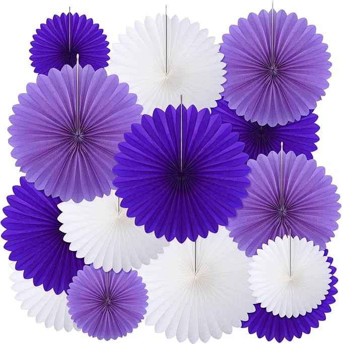 MotiMind 24 Pcs Purple and White Paper Fans Purple Party Decorations Classroom Decor Wall Background Ceiling Hanging Decoration for Birthday Wedding Baby Bridal Shower Engagement Party Decor