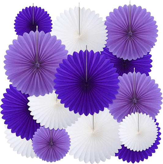 MotiMind 24 Pcs Purple and White Paper Fans Purple Party Decorations Classroom Decor Wall Background Ceiling Hanging Decoration for Birthday Wedding Baby Bridal Shower Engagement Party Decor