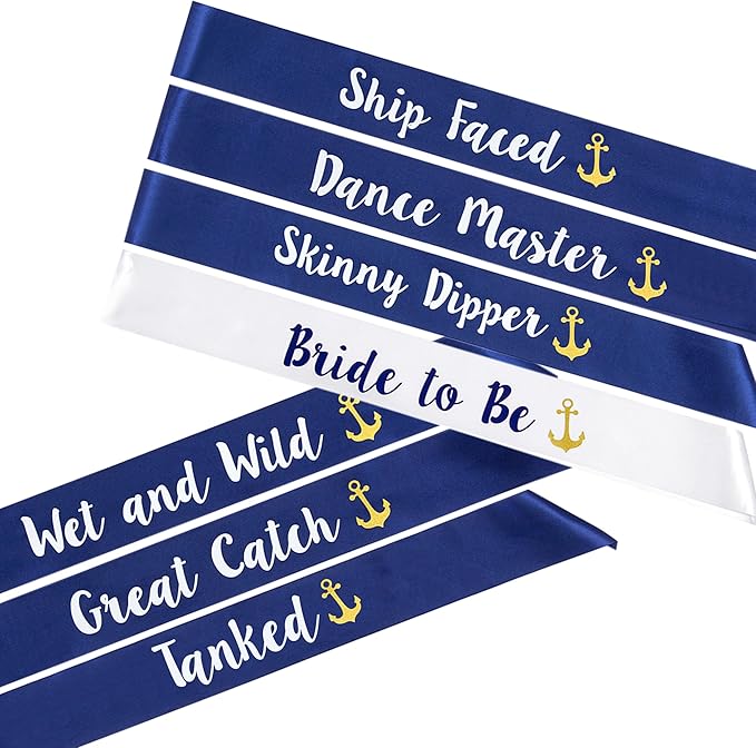 “Last Sail Before The Veil” Bachelorette Sashes | 7 Pack | 1 Bride to be Sash and 6 Bride Tribe Sashes with Fun Nautical Phrases