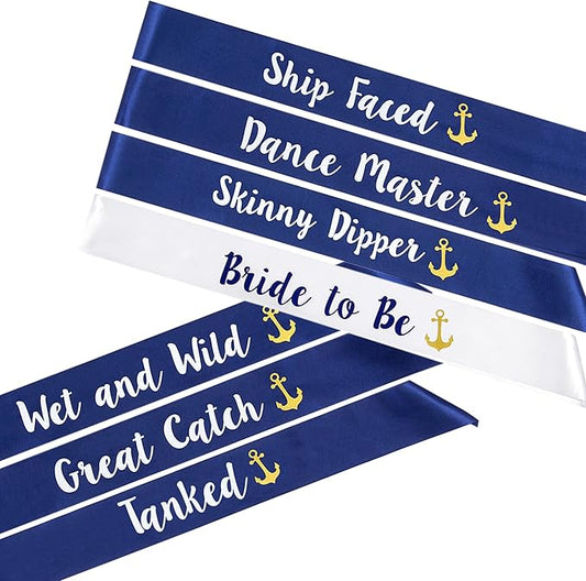“Last Sail Before The Veil” Bachelorette Sashes | 7 Pack | 1 Bride to be Sash and 6 Bride Tribe Sashes with Fun Nautical Phrases