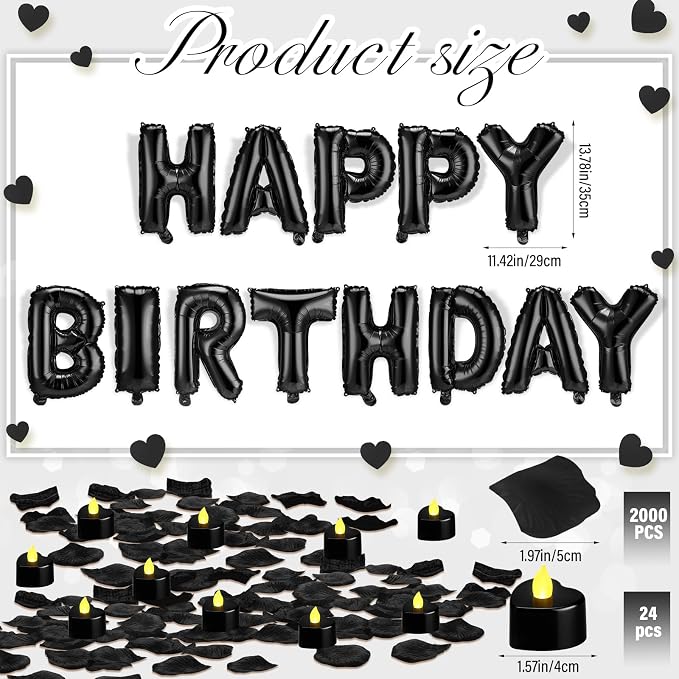 Black Happy Birthday Balloons Decorations Happy Birthday Letter Balloons Banner Set with 24pcs Heart Flameless LED Candles and 2000pcs Artificial Rose Petals for Women Men Room Party Decor