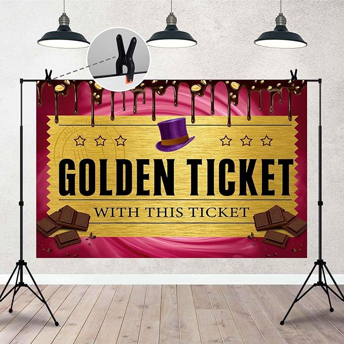 Golden Ticket Photography Backdrop Kids Birthday with This Ticket Chocolate Factory Background for Adults Kids Birthday Baby Shower Party Decorations Supplies TAYBDJ1831