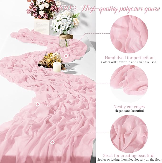 Teruntrue 24 Packs Light Pink Cheesecloth Table Runner,10ft Rustic Gauze Boho Wedding Table Runner Decoration, Wedding Table Decor Sheer Table Runner for Wedding Party Bridal Shower Table