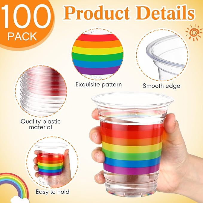 Jingmore 100 Pcs Rainbow Plastic Cups 12 oz Gay Pride Colorful Stripes Disposable Clear Plastic Drinking Cups for Rainbow Gay Pride LGBTQ Party Decorations Supplies