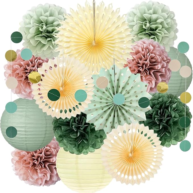 Sage Green Pink Party Decorations,Paper Fans Lanterns Pom Poms with Circle Garland，Sage Green and Dusty Pink Party Theme Supplies for Girl Birthday Baby Shower Bridal Shower Wedding