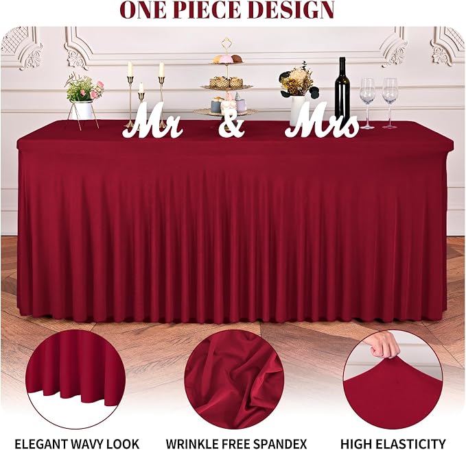 fani 2 Packs Burgundy Stretch Table Skirts for 6 Foot Rectangle Table, Washable Spandex Stretch Tablecloths with Skirt, Wrinkle Resistant Fitted Tablecover for Wedding Party Banquet