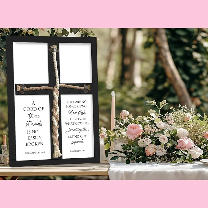 A Cord of Three Strands Wedding Unity Cross Sign Braided Rope Ceremony Art | 15x10 Inch Rustic Farmhouse Black Wood Framed, Christian Marriage Prayer Wall Decor for Couples, Anniversaries & Prayer Rooms