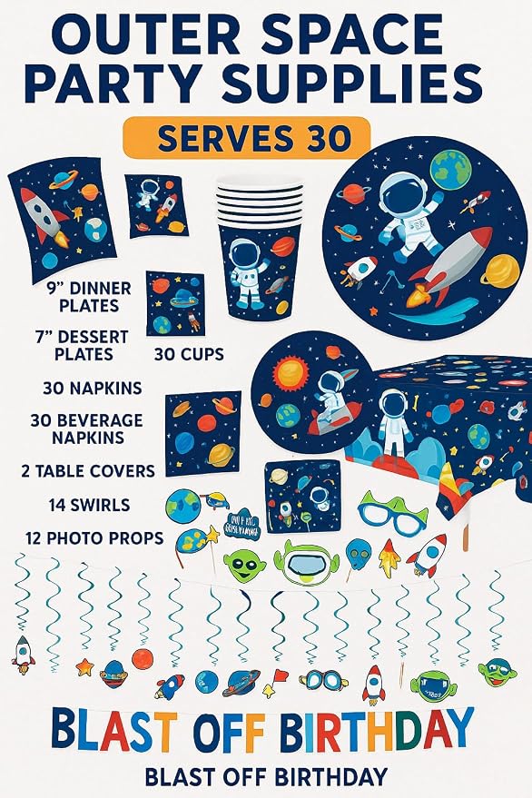 Serves 30 Complete Party Pack Outer Space Party Theme 9" Dinner Plates 7" Plates 30 Cups 2 Table Cover 30 Napkins 30 Beverage Napkins Blast off Birthday Banner 14 Swirls 12 Photo Props Space Birthday