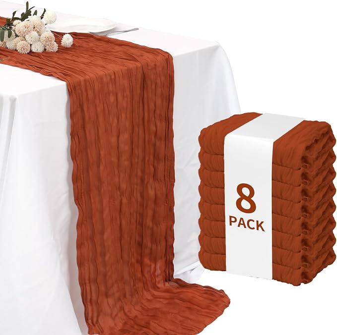 8 Pack Terracotta Cheesecloth Table Runner 120 Inch 10FT Red Cheese Cloth Fabric Burnt Orange Runners for Football Theme, Banquet, Barro Themed Party Retro Decoration, Fall Wedding Decor
