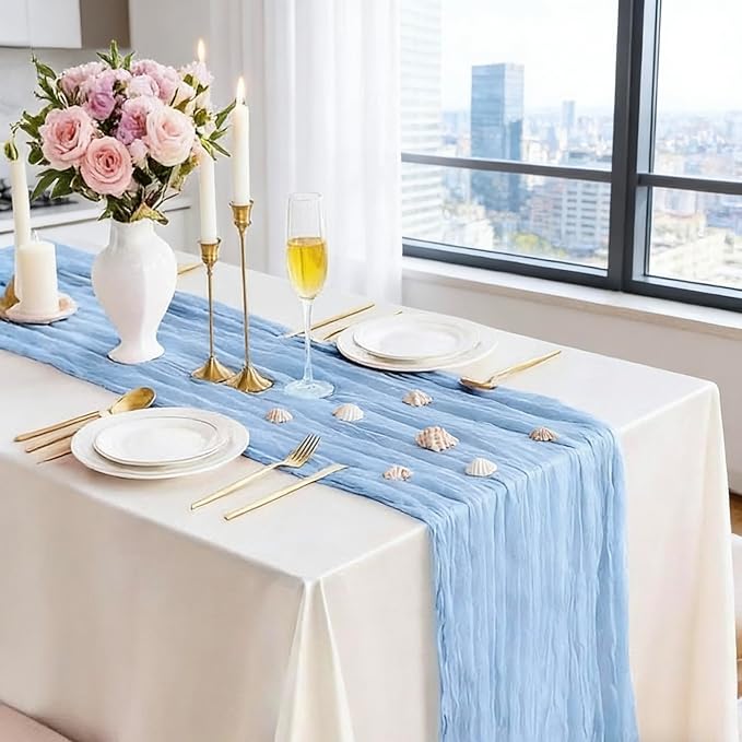10 Pack Baby Blue Cheesecloth Table Runner 10FT Boho Gauze Fabric Cheese Cloth Table Runners for Wedding ,Party,Baby Shower, Bridal Party, Rustic Farmhouse and Table Decorations