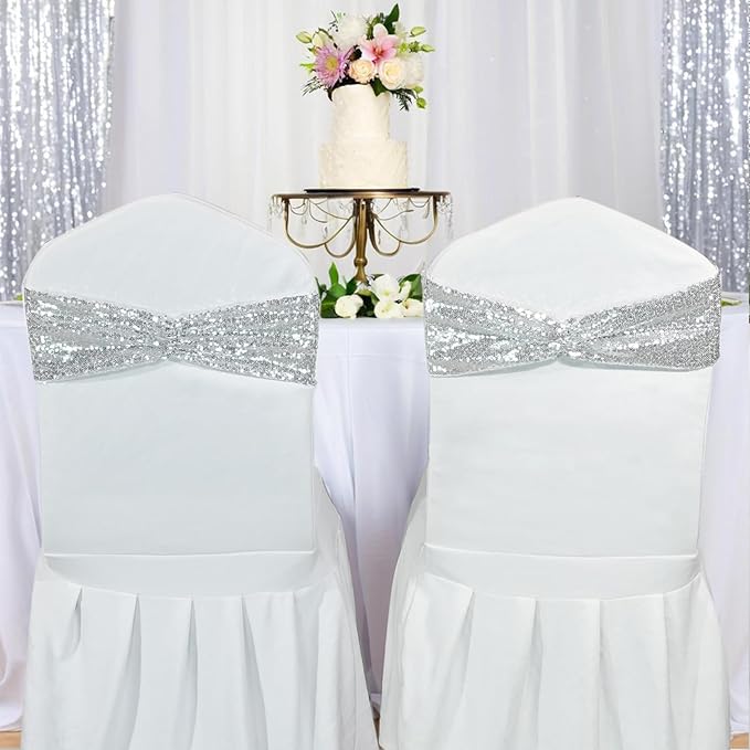 SquarPie Pack of 10 Chair Sashes Bands Silver Stretch Spandex One-Sided Sequin Bows for Wedding Party Fiesta Decor
