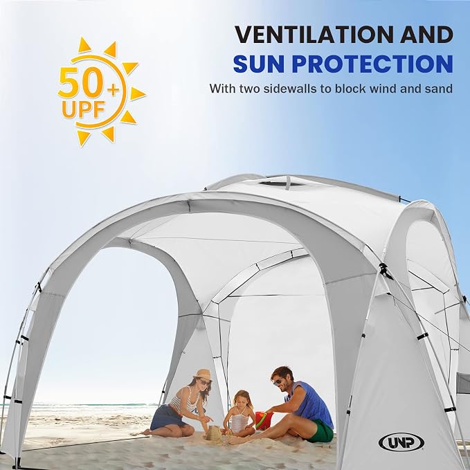 UNP Easy Beach Tent Pop Up Canopy UPF50+ Tent with Side Wall, Ground Pegs, and Stability Poles, Sun Shelter Rainproof, Waterproof for Camping Trips, Backyard Fun, Party Or Picnics