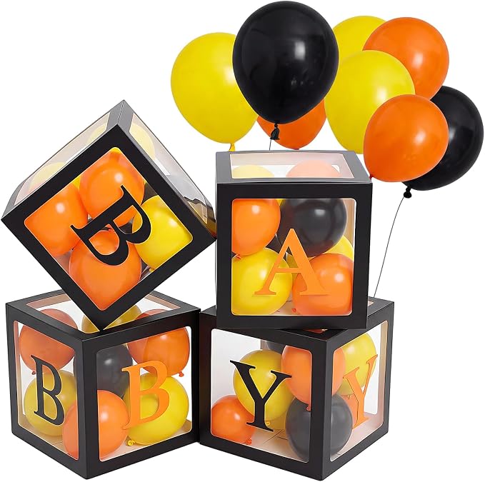 Zhanmai Baby Shower Balloon Boxes for Bear Baby Shower Decoration with 4 Letters 36 Balloons 4 Transparent Balloon Box Blocks for Boy Girl Gender Reveal Party Favors (Black,Yellow,Orange)