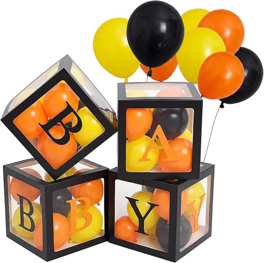 Zhanmai Baby Shower Balloon Boxes for Bear Baby Shower Decoration with 4 Letters 36 Balloons 4 Transparent Balloon Box Blocks for Boy Girl Gender Reveal Party Favors (Black,Yellow,Orange)