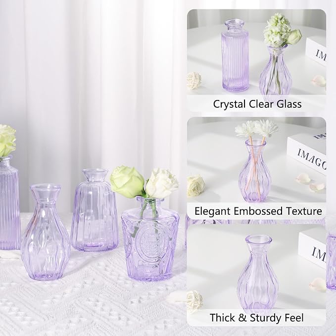RUCKAE Glass Bud Vases Mini Flower Vase Small Vintage Vases for Centerpiece Table Wedding Decorations Home Decor Party(Purple 22 Pack)