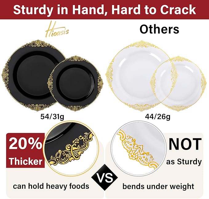 Hioasis 210pcs Black and gold Plates - Black Party Plates for 30 Guest, Include 60 Heavy-duty Plates(20% Thicker Than Standard), 30 Pre Rolled gold Plastic goldware Set, 30 Cups