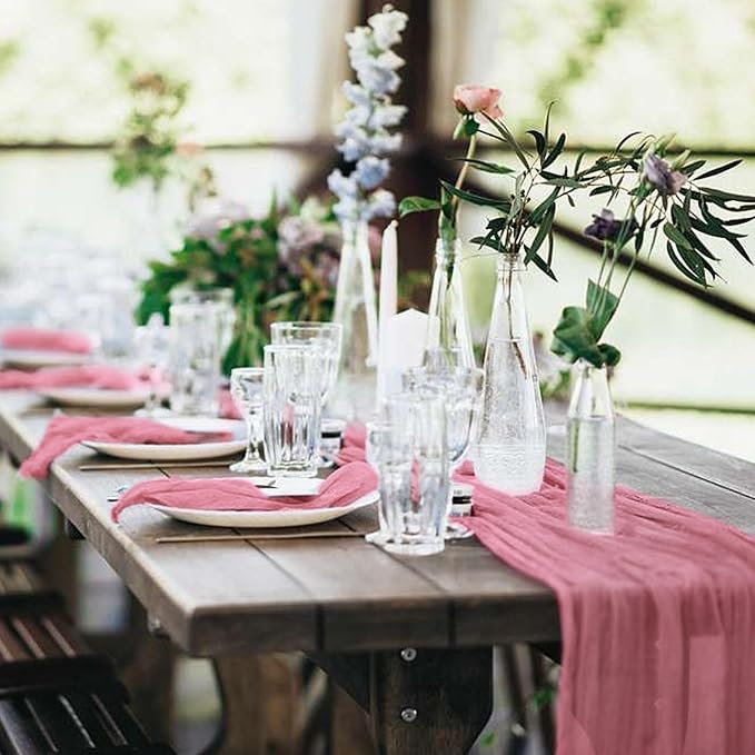 20 Pack Cheesecloth Table Runner 17 x 108 inch Long Boho Gauze Table Runners Semi Sheer Table Runner for Wedding Decor, Baby Shower, Birthday Party, Banquet (Dusty Rose)