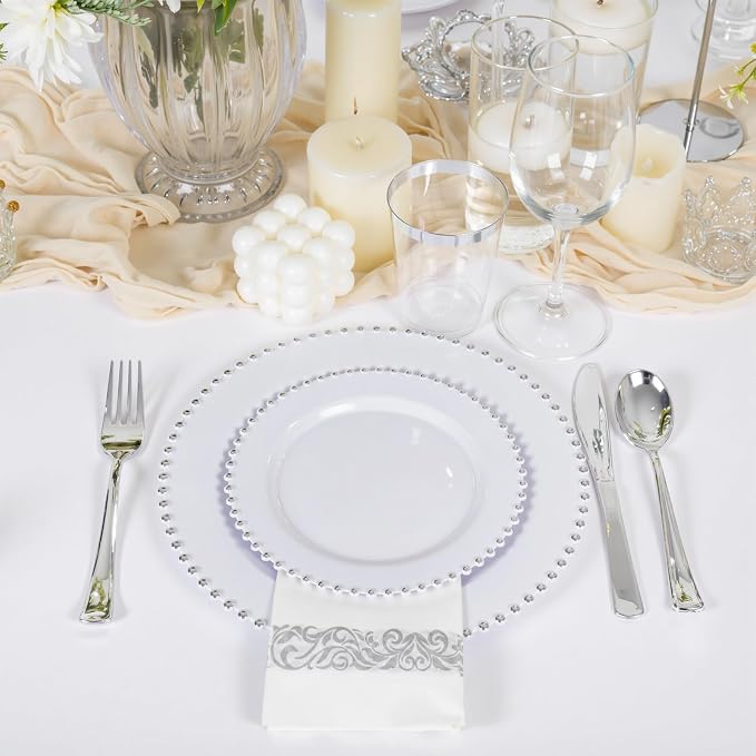 LIYH 350 Pcs Plastic Dinnerware Set for 50 Guests - White Silver