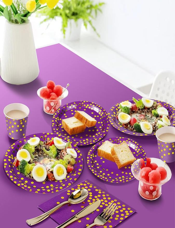 Nkaiso 141 Pieces Purple Gold Party Supplies, Disposable Party Decorations Sets Include Paper Plates Napkins Cups, Plastic Forks Knives Spoons, for Baby Shower Birthday Wedding -20 Guests