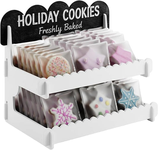 HOTCAN Cookie Display Stand for Bakers & Vendors - Wooden Cookie Stand with Chalkboard Sign for Market Booths, Craft Fairs & Events - Tiered Cookie Display for Cupcakes, Muffins & Pastries 2 Tier (White)
